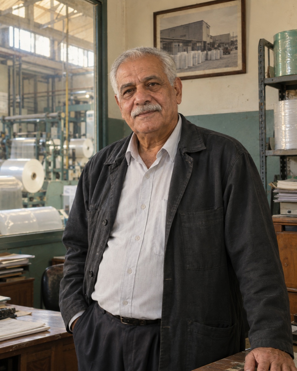 Portrait of an older man in a factory office